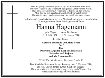 Traueranzeige von Hanna Hagemann von WESTFÄLISCHER ANZEIGER