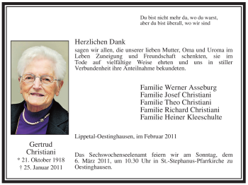 Traueranzeige von Gertrud Christiani von WESTFÄLISCHER ANZEIGER