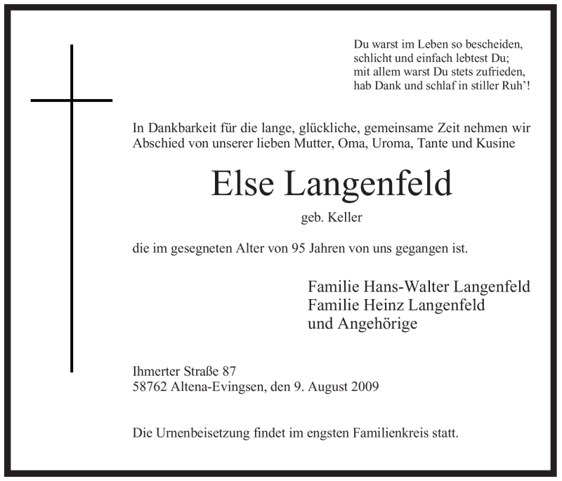  Traueranzeige für Else Langenfeld vom 12.08.2009 aus WESTFÄLISCHER ANZEIGER