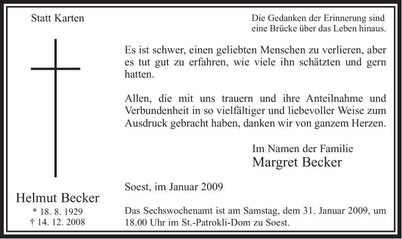  Traueranzeige für Helmut Becker vom 27.01.2009 aus WESTFÄLISCHER ANZEIGER