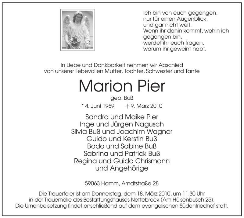  Traueranzeige für Marion Pier vom 13.03.2010 aus WESTFÄLISCHER ANZEIGER