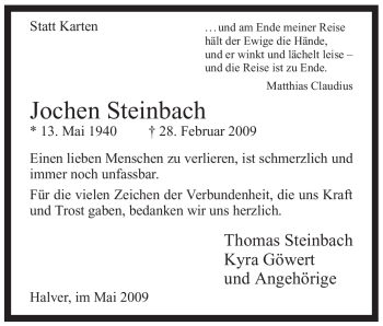 Traueranzeige von Jochen Steinbach von WESTFÄLISCHER ANZEIGER