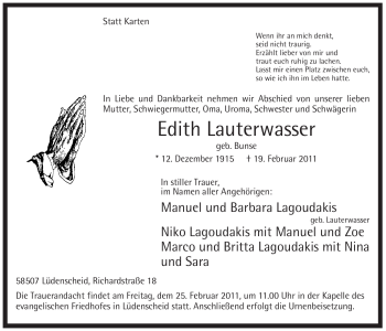 Traueranzeige von Edith Lauterwasser von WESTFÄLISCHER ANZEIGER