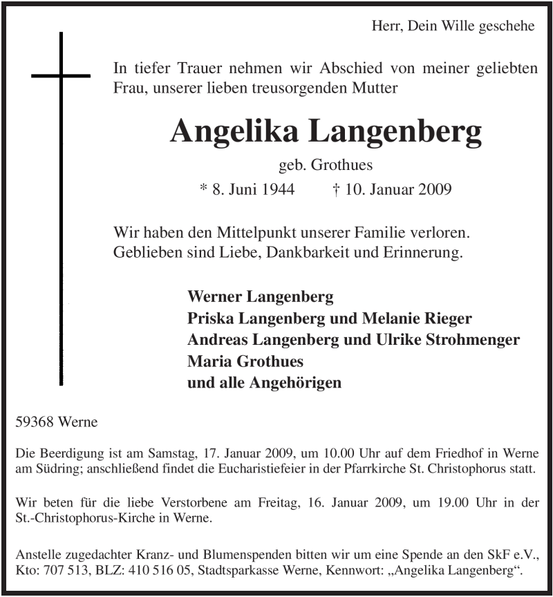  Traueranzeige für Angelika Langenberg vom 14.01.2009 aus WESTFÄLISCHER ANZEIGER