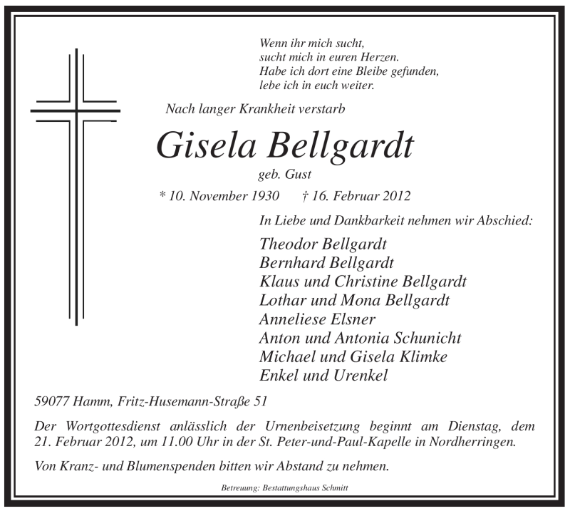  Traueranzeige für Gisela Bellgardt vom 18.02.2012 aus WESTFÄLISCHER ANZEIGER
