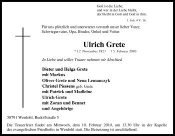 Traueranzeige von Ulrich Grete von WESTFÄLISCHER ANZEIGER