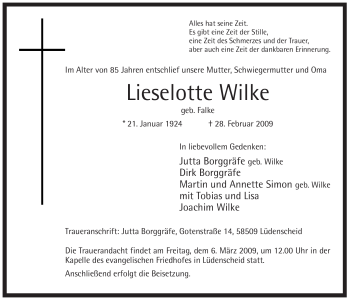 Traueranzeige von Lieselotte Wilke von WESTFÄLISCHER ANZEIGER
