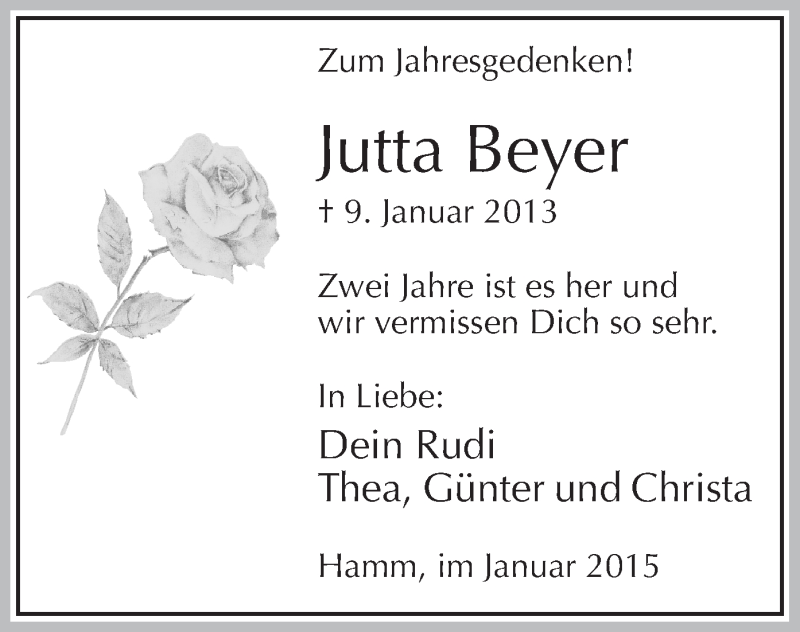  Traueranzeige für Jutta Beyer vom 09.01.2015 aus MZV