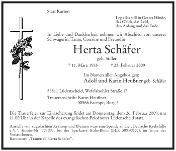 Traueranzeige von Herta Schäfer von WESTFÄLISCHER ANZEIGER