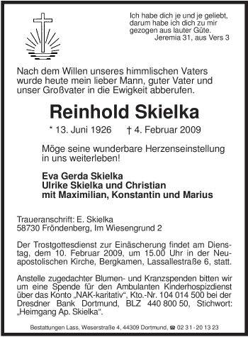 Traueranzeige von Reinhold Skielka von WESTFÄLISCHER ANZEIGER