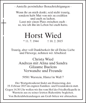 Traueranzeige von Horst Wied von MZV