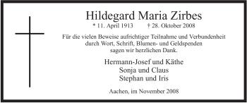 Traueranzeige von Hildegard Maria Zirbes von WESTFÄLISCHER ANZEIGER