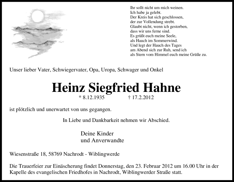  Traueranzeige für Heinz Siegfried Hahne vom 21.02.2012 aus WESTFÄLISCHER ANZEIGER