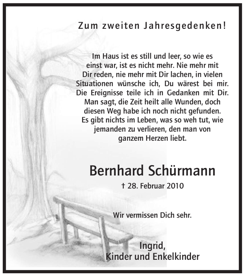  Traueranzeige für Bernhard Schürmann vom 25.02.2012 aus WESTFÄLISCHER ANZEIGER