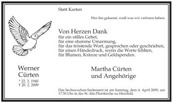 Traueranzeige von Werner Cürten von WESTFÄLISCHER ANZEIGER