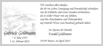 Traueranzeige von Gabriele Goldmann von MZV