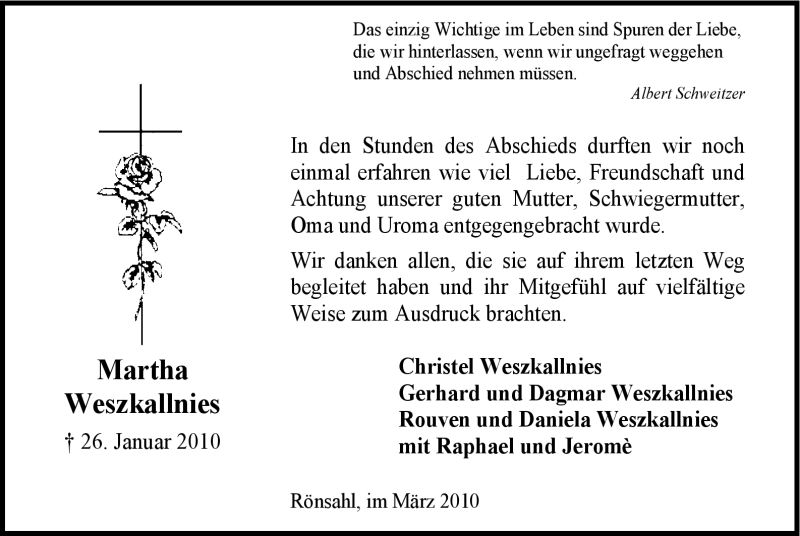 Traueranzeige für Martha Weszkallnies vom 13.03.2010 aus WESTFÄLISCHER ANZEIGER