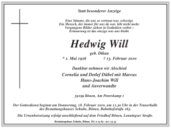 Traueranzeige von Hedwig Will von WESTFÄLISCHER ANZEIGER