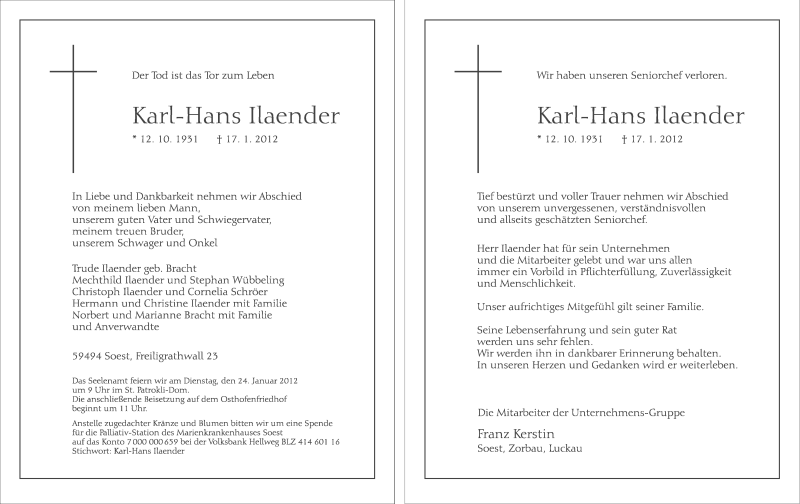  Traueranzeige für Karl-Hans Ilaender vom 20.01.2012 aus WESTFÄLISCHER ANZEIGER