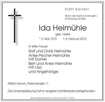 Traueranzeige von Ida Heimühle von WESTFÄLISCHER ANZEIGER