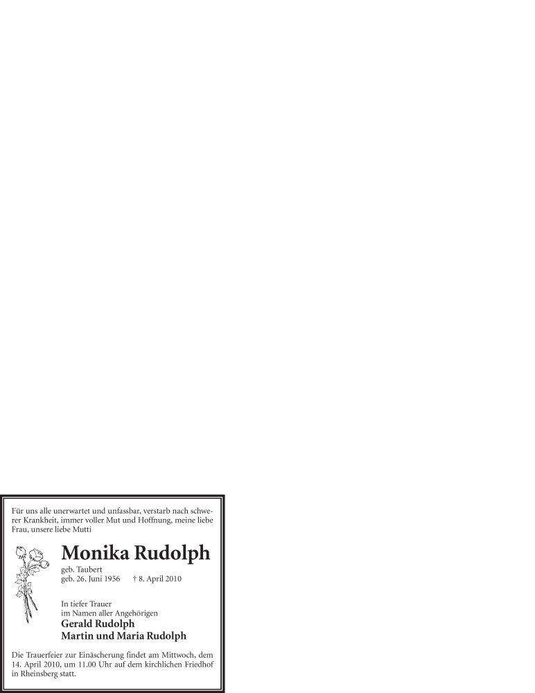  Traueranzeige für Monika Rudolph vom 13.04.2010 aus WESTFÄLISCHER ANZEIGER