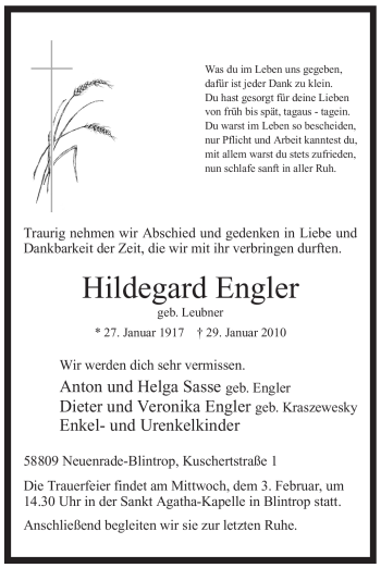 Traueranzeige von Hildegard Engler von WESTFÄLISCHER ANZEIGER