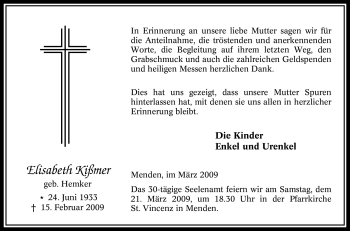 Traueranzeige von Elisabeth Kißmer von WESTFÄLISCHER ANZEIGER