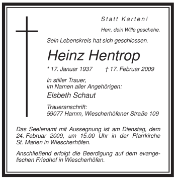 Traueranzeige von Heinz Hentrop von WESTFÄLISCHER ANZEIGER