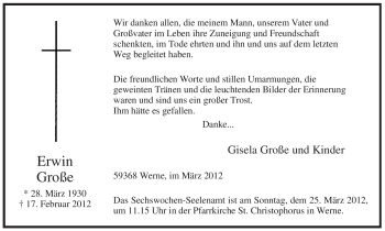 Traueranzeige von Erwin Große von WESTFÄLISCHER ANZEIGER