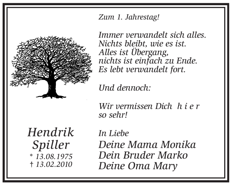  Traueranzeige für Hendrik Spiller vom 12.02.2011 aus WESTFÄLISCHER ANZEIGER