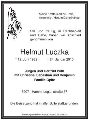 Traueranzeige von Helmut Luczka von WESTFÄLISCHER ANZEIGER