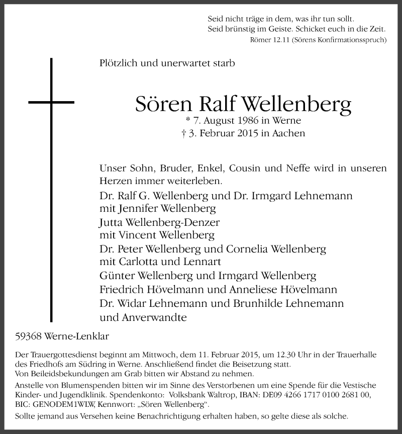  Traueranzeige für Sören Ralf Wellenberg vom 07.02.2015 aus MZV