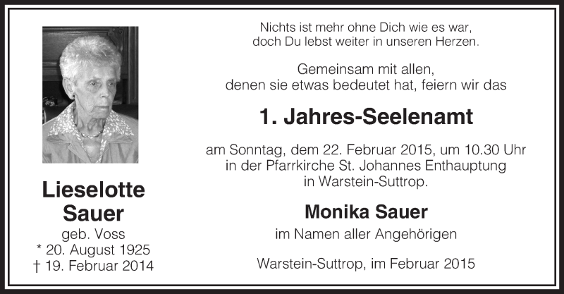  Traueranzeige für Lieselotte Sauer vom 19.02.2015 aus MZV