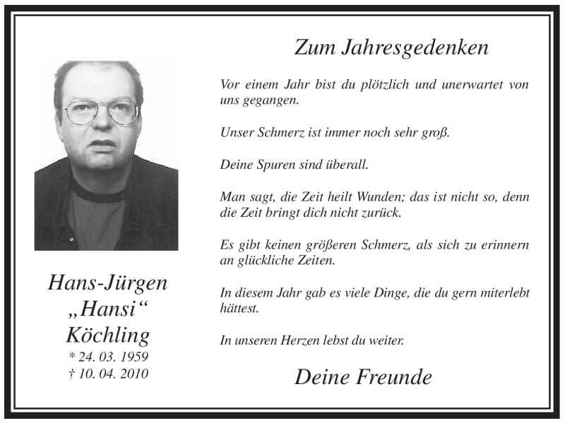  Traueranzeige für Hans-Jürgen Köchling vom 09.04.2011 aus WESTFÄLISCHER ANZEIGER