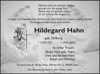 Traueranzeige von Hildegard Hahn von MZV