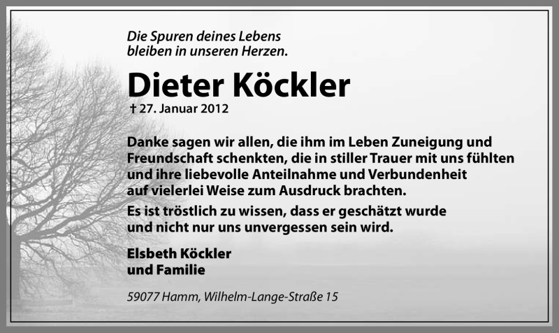  Traueranzeige für Dieter Köckler vom 25.02.2012 aus WESTFÄLISCHER ANZEIGER