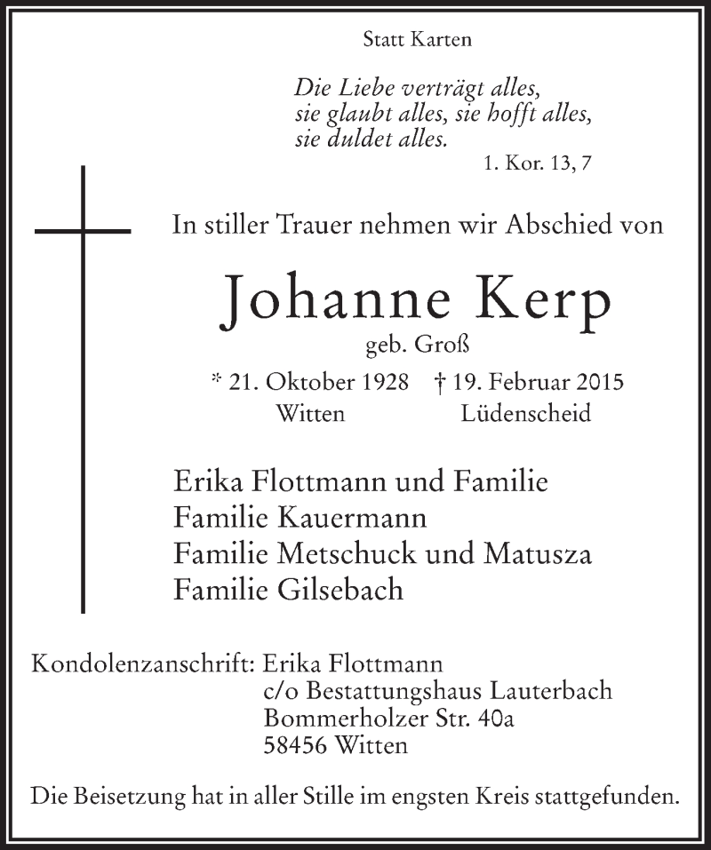  Traueranzeige für Johanne Kerp vom 25.02.2015 aus MZV