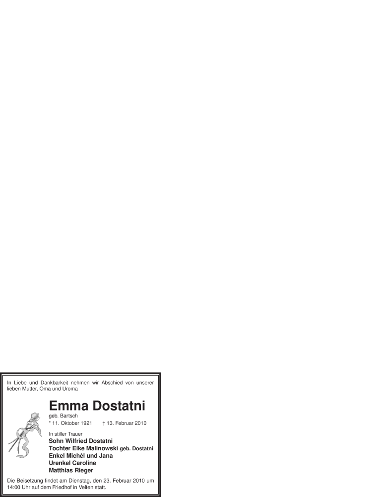  Traueranzeige für Emma Dostatni vom 17.02.2010 aus WESTFÄLISCHER ANZEIGER