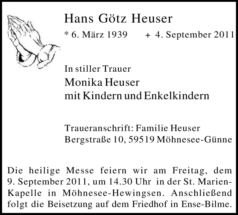  Traueranzeige für Hans Götz Heuser vom 06.09.2011 aus WESTFÄLISCHER ANZEIGER