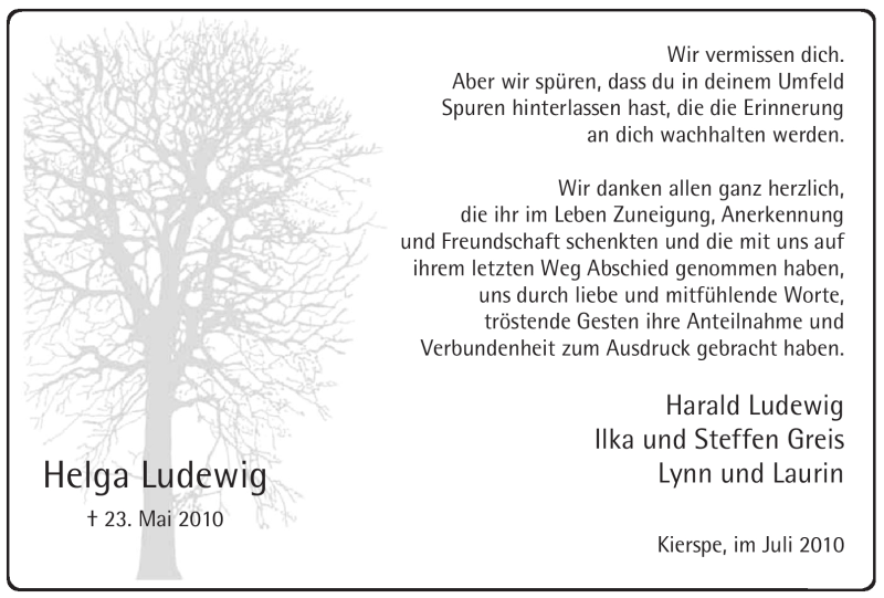  Traueranzeige für Helga Ludewig vom 10.07.2010 aus WESTFÄLISCHER ANZEIGER