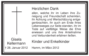 Traueranzeige von Gisela Kellermann von WESTFÄLISCHER ANZEIGER