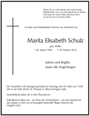 Traueranzeige von Marita Elisabeth Schulz von WESTFÄLISCHER ANZEIGER