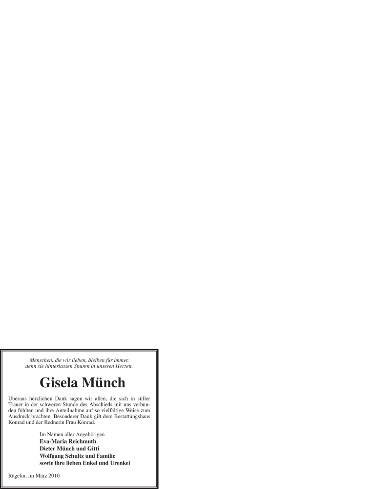 Traueranzeige für Gisela Münch vom 16.03.2010 aus WESTFÄLISCHER ANZEIGER