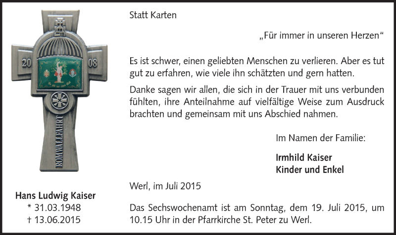  Traueranzeige für Hans Ludwig Kaiser vom 14.07.2015 aus MZV