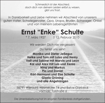 Traueranzeige von Ernst Schulte von WESTFÄLISCHER ANZEIGER