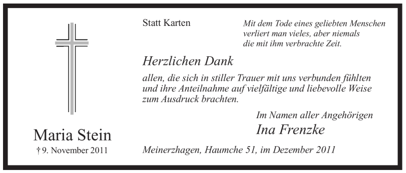  Traueranzeige für Maria Stein vom 17.12.2011 aus WESTFÄLISCHER ANZEIGER