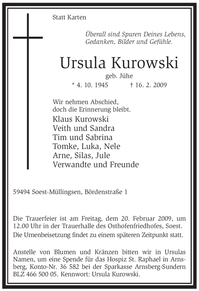  Traueranzeige für Ursula Kurowski vom 19.02.2009 aus WESTFÄLISCHER ANZEIGER