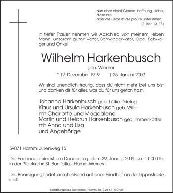 Traueranzeige von Wilhelm Harkenbusch von WESTFÄLISCHER ANZEIGER
