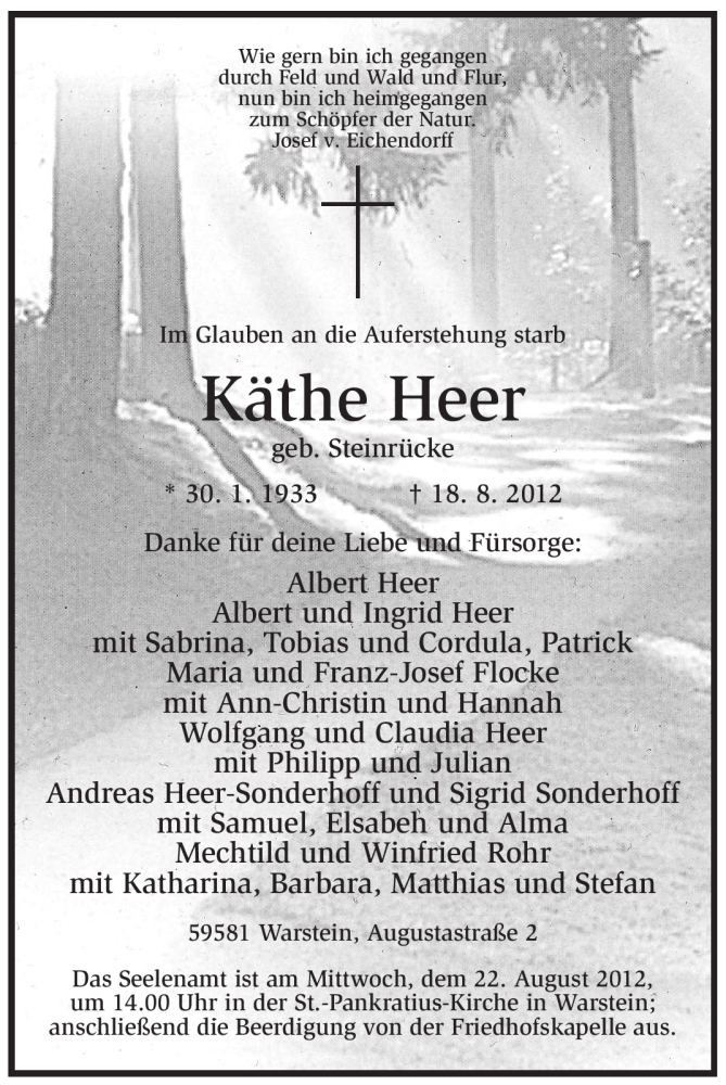  Traueranzeige für Käthe Heer vom 20.08.2012 aus WESTFÄLISCHER ANZEIGER