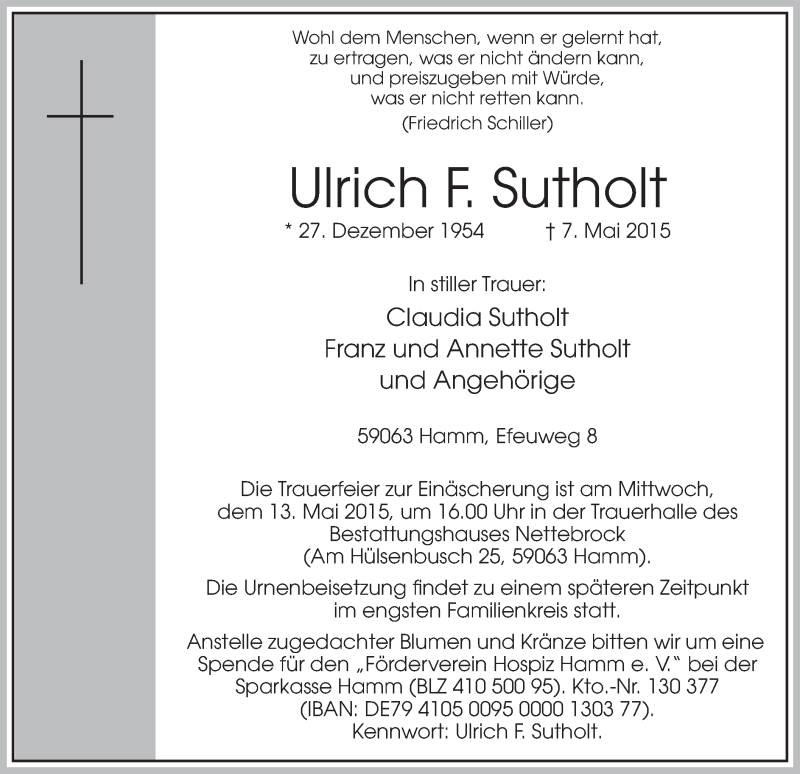  Traueranzeige für Ulrich F. Sutholt vom 11.05.2015 aus MZV